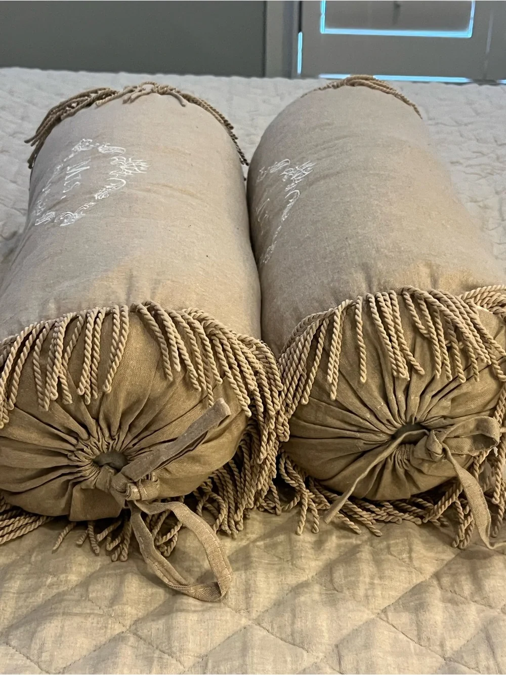 Mr. & Mrs. Embroidered Decorative Bolster Pillows - Taupe